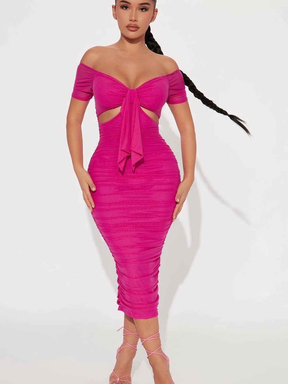 Fashion Nova Hot Pink Off-Shoulder Tie-Front Midi Dress